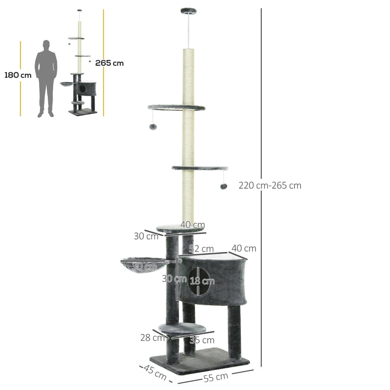Cat Tree, Multi-Level with Play Balls, Hammock, Sisal Posts, Dark Grey
