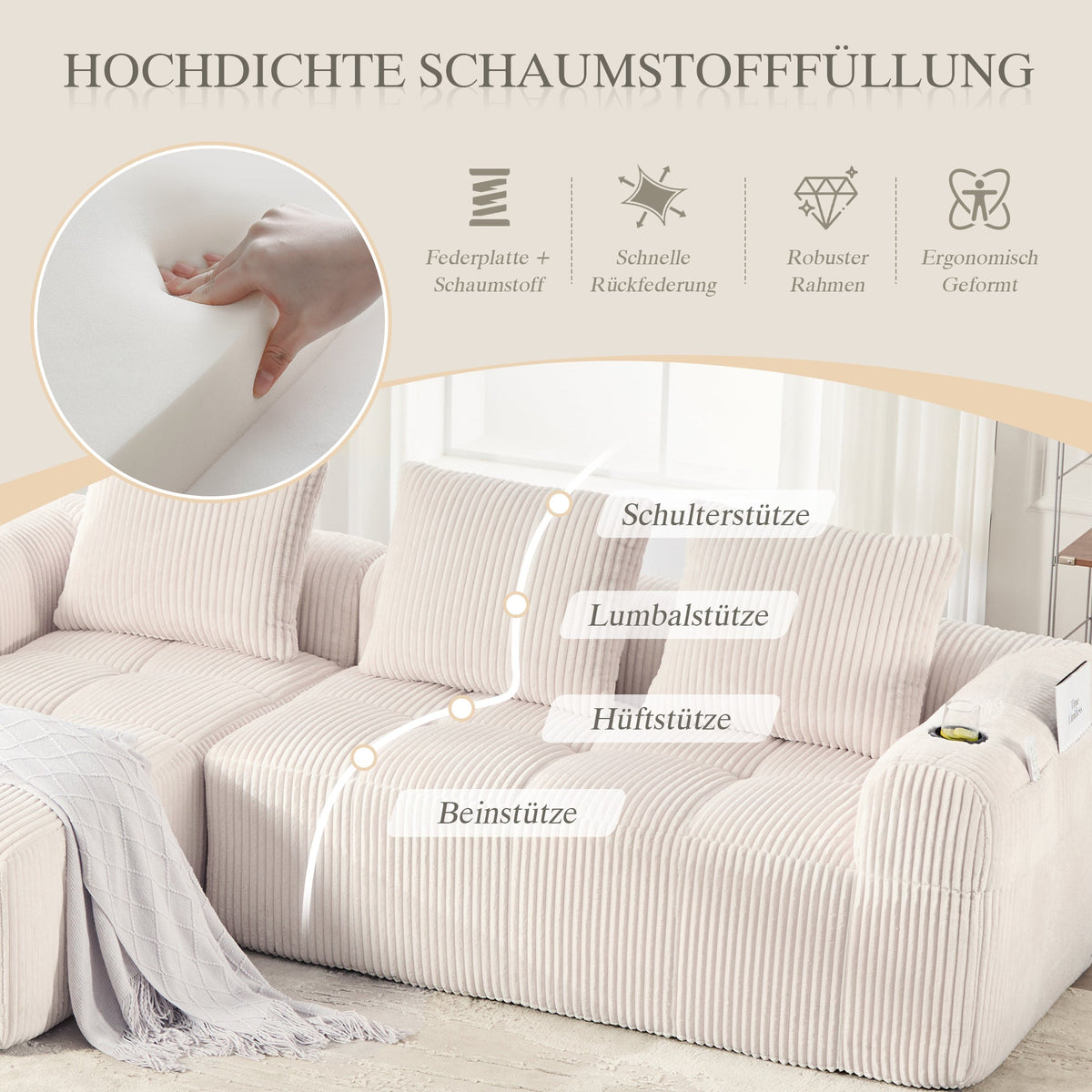 Compact Modular Sofa with Side Pocket, Cup Holder & 3 Cushions - Corduroy Beige