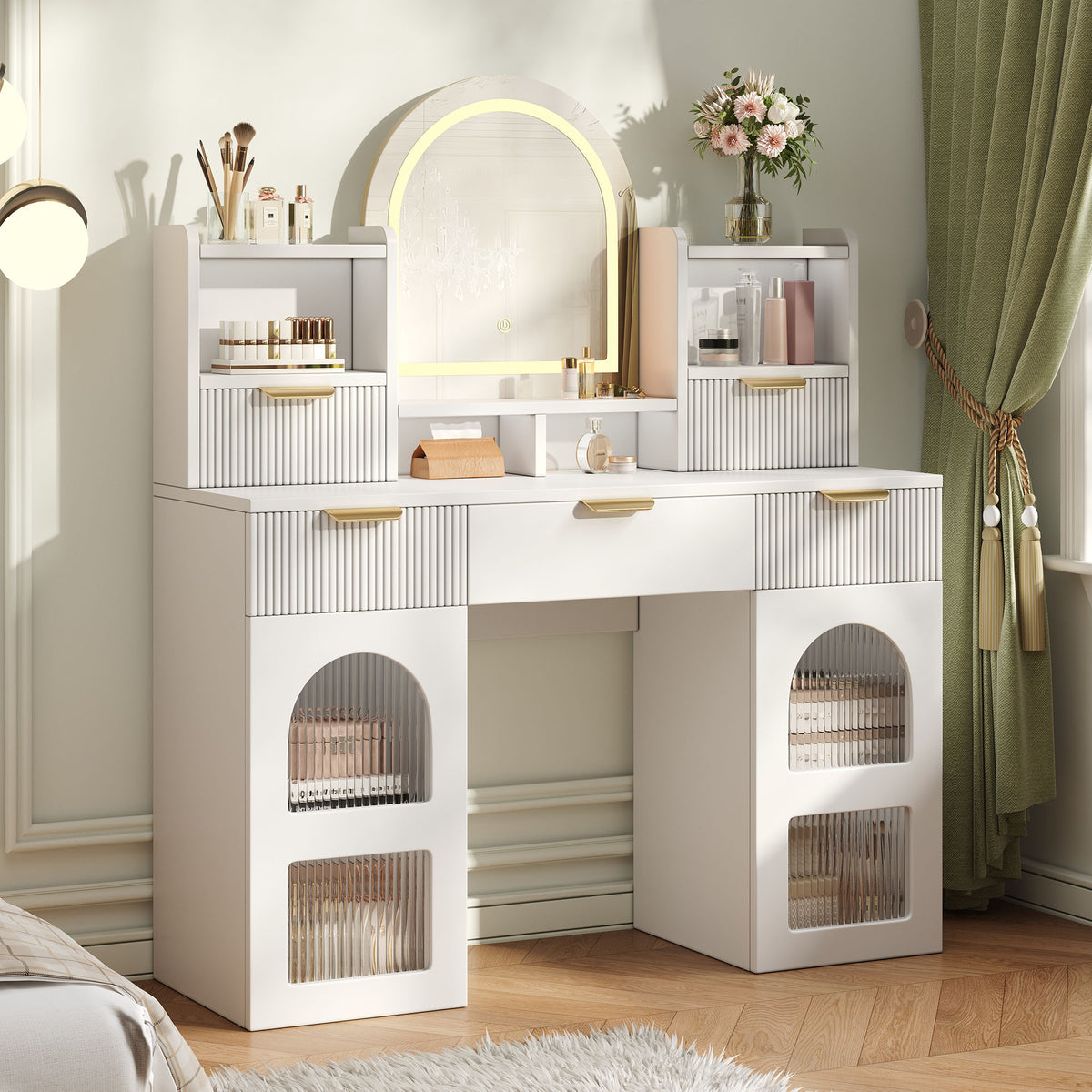 Large Dressing Table with LED Mirror, 3 Drawers & Shelves, White