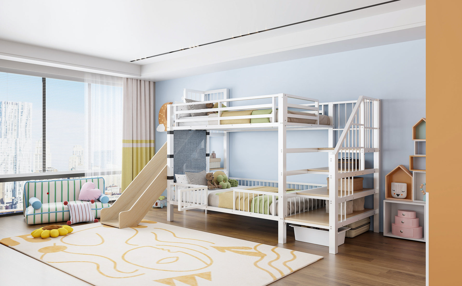 Children's Metal Loft Bed with Slide, Storage Stairs and Integrated Shelves, 90x200cm, White