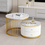 Elegant Nesting Coffee Table Set with Drawers, White Marble Look