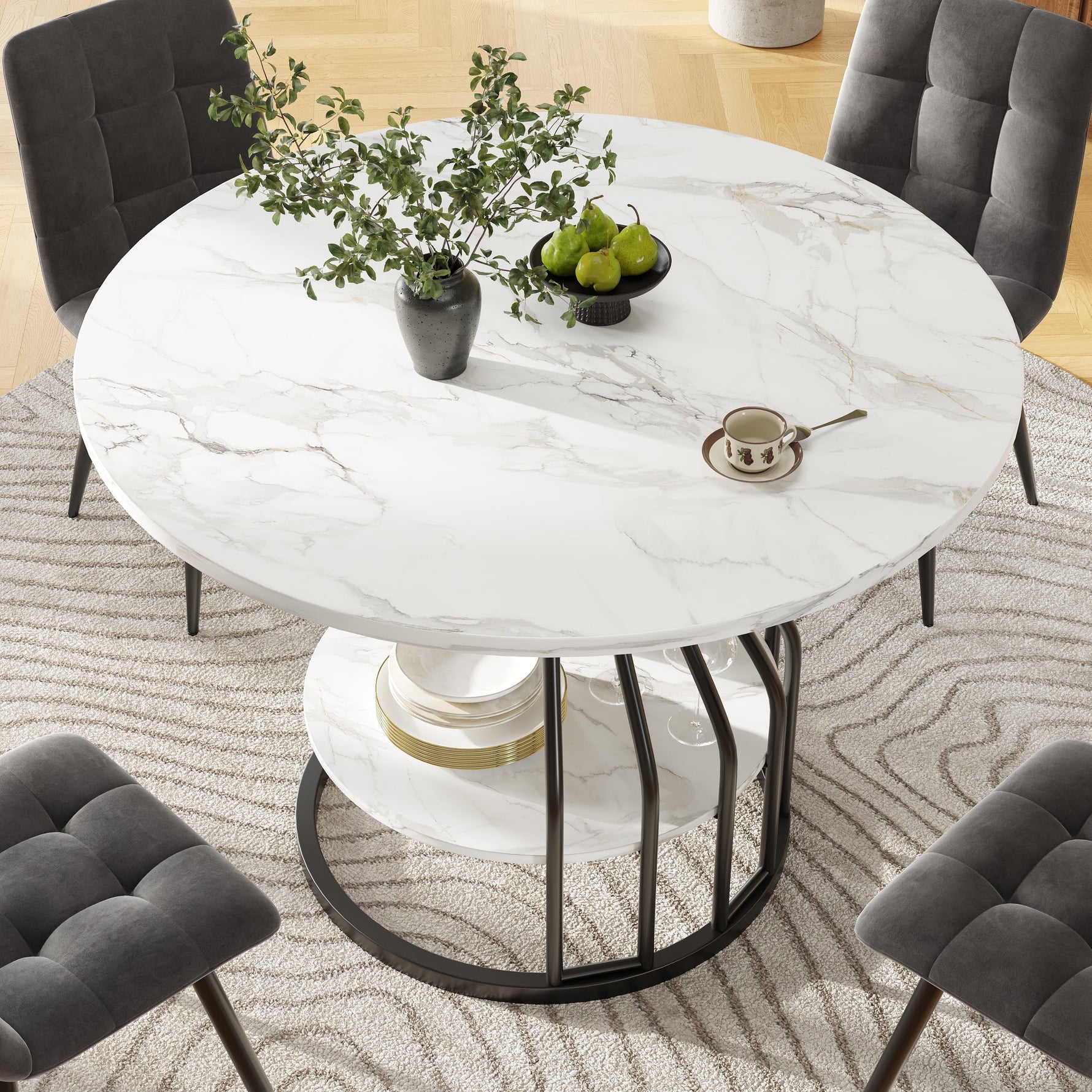 Round Dining Table 80x76cm 4-Seater Storage MDF Marble Top - Black