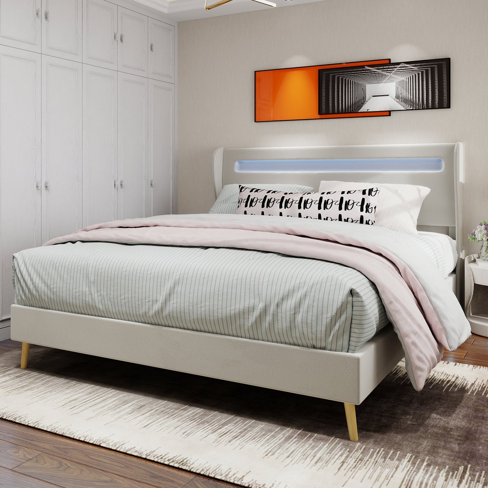 Upholstered Bed, Modern Minimalist LED-backlit Headboard, 160x200 cm, Beige