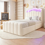 Children's Bed 90x200 Hydraulic Storage & LED, Beige Velvet