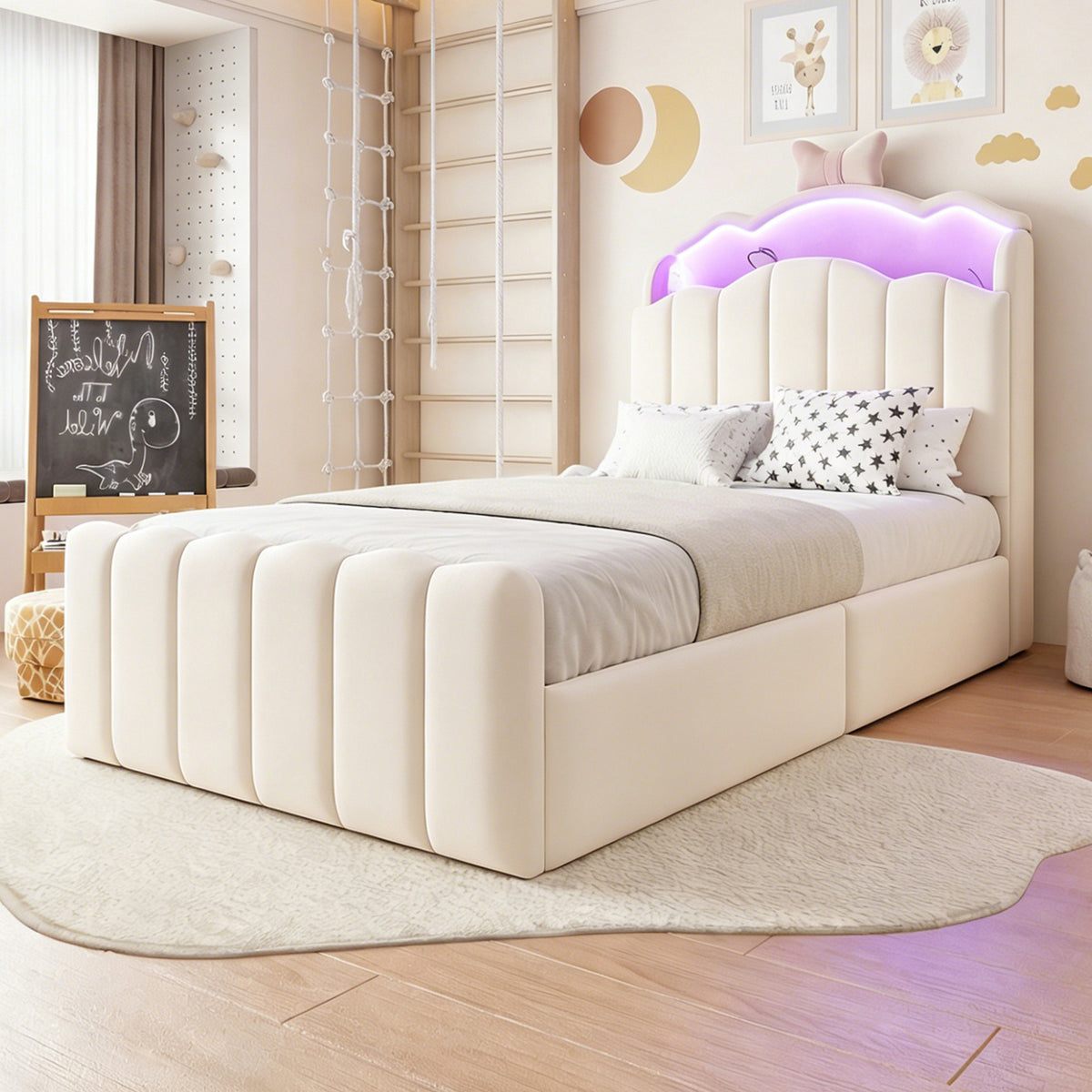 Children's Bed 90x200 Hydraulic Storage & LED, Beige Velvet