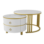 Coffee Table, 2-in-1 Round with 2 Drawers, White Marble & MDF