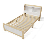 Wooden bed frame with white headboard and footboard on a white background