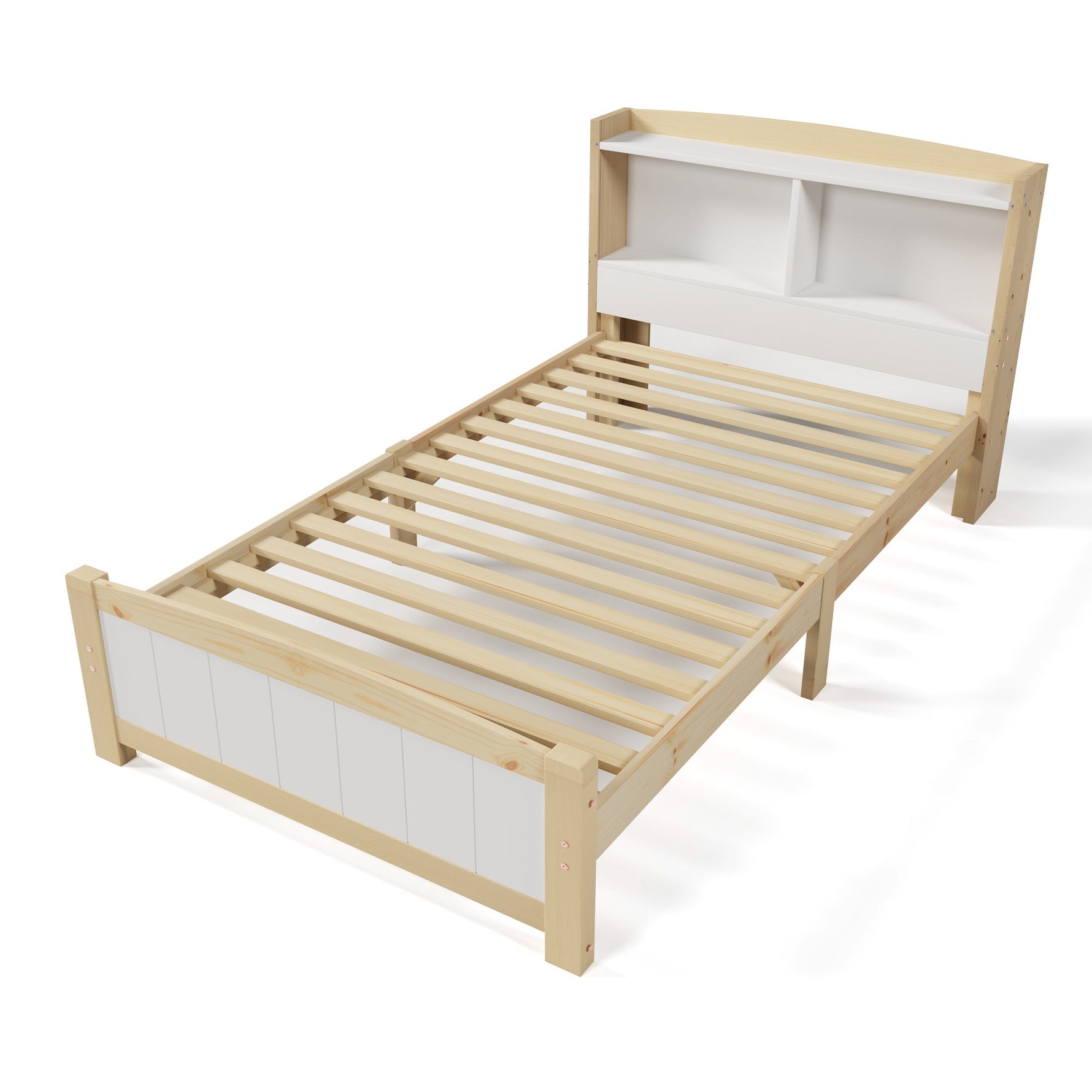 Wooden bed frame with white headboard and footboard on a white background