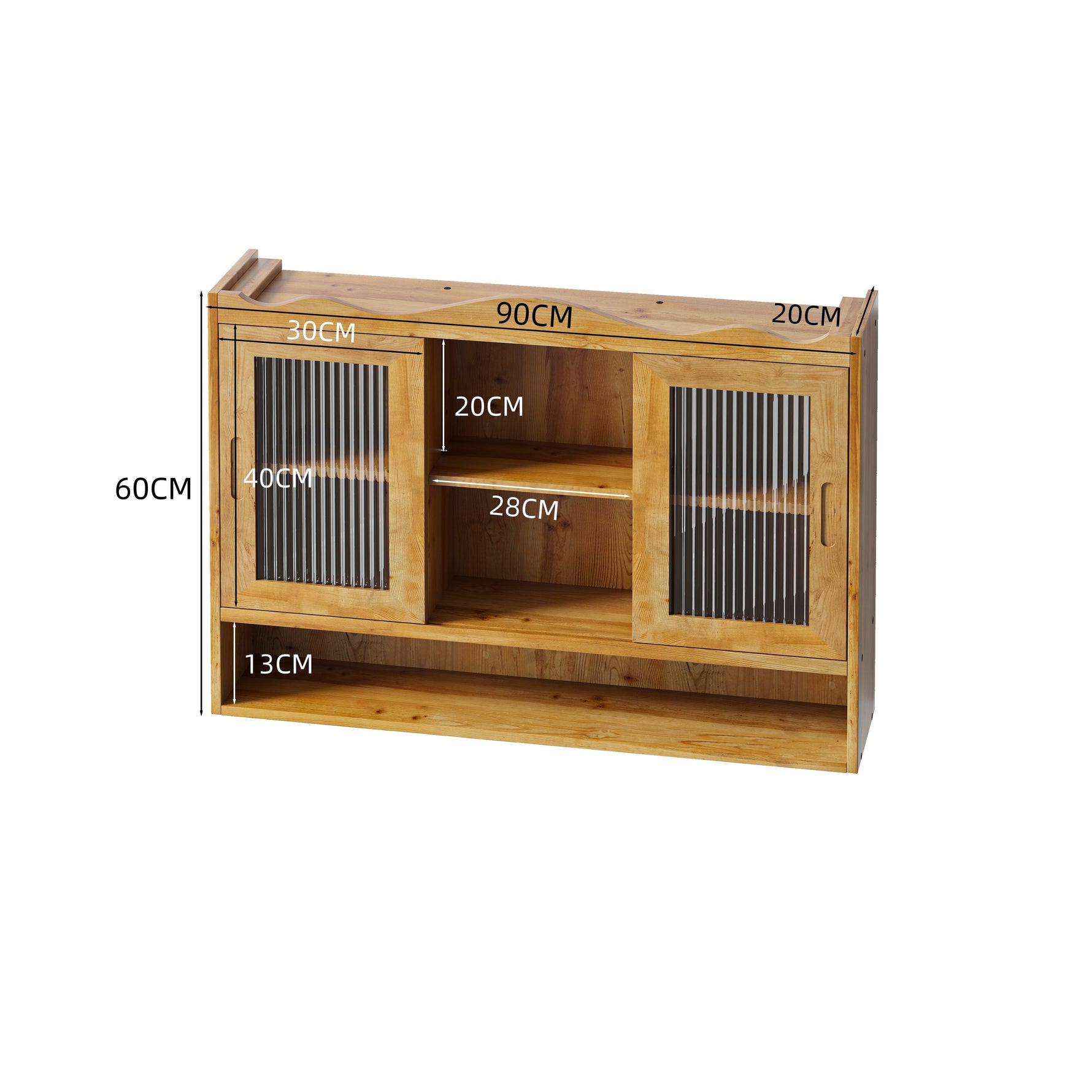 Retro 2 Door Sliding Cabinet 90CM Three Layers Storage Space, Natural Finish