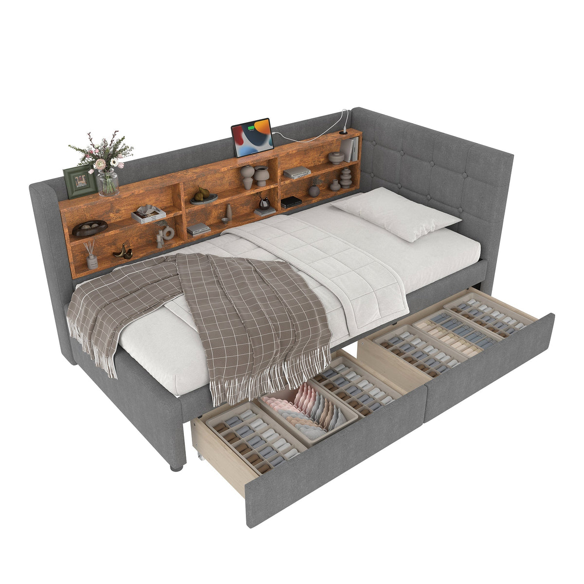 Daybed Sofa Bed 90x200cm 2 Drawers USB/Type C Storage - Linen Grey