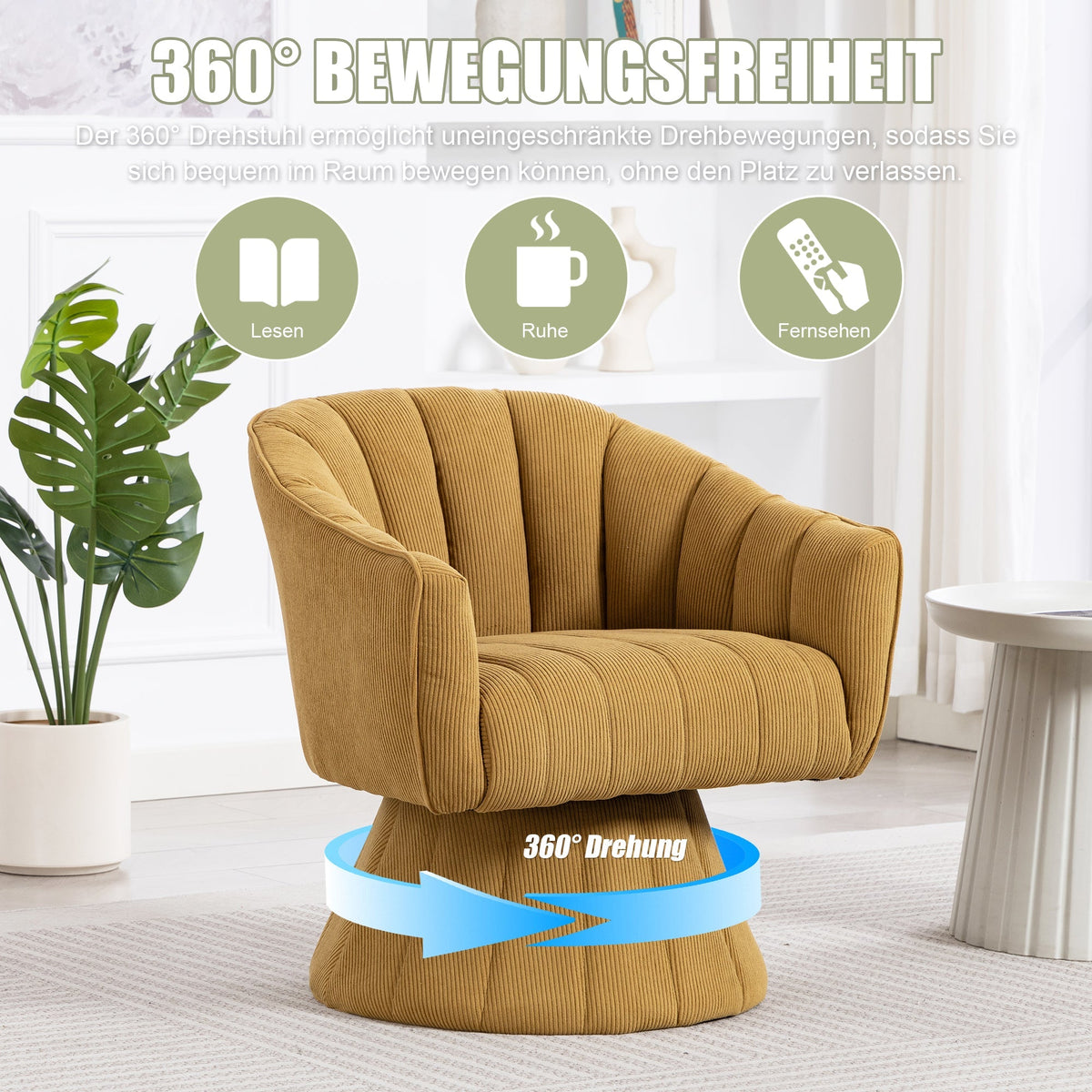 360° Swivel Chair with Ergonomic Cushions and Wraparound Armrests, Mustard Yellow