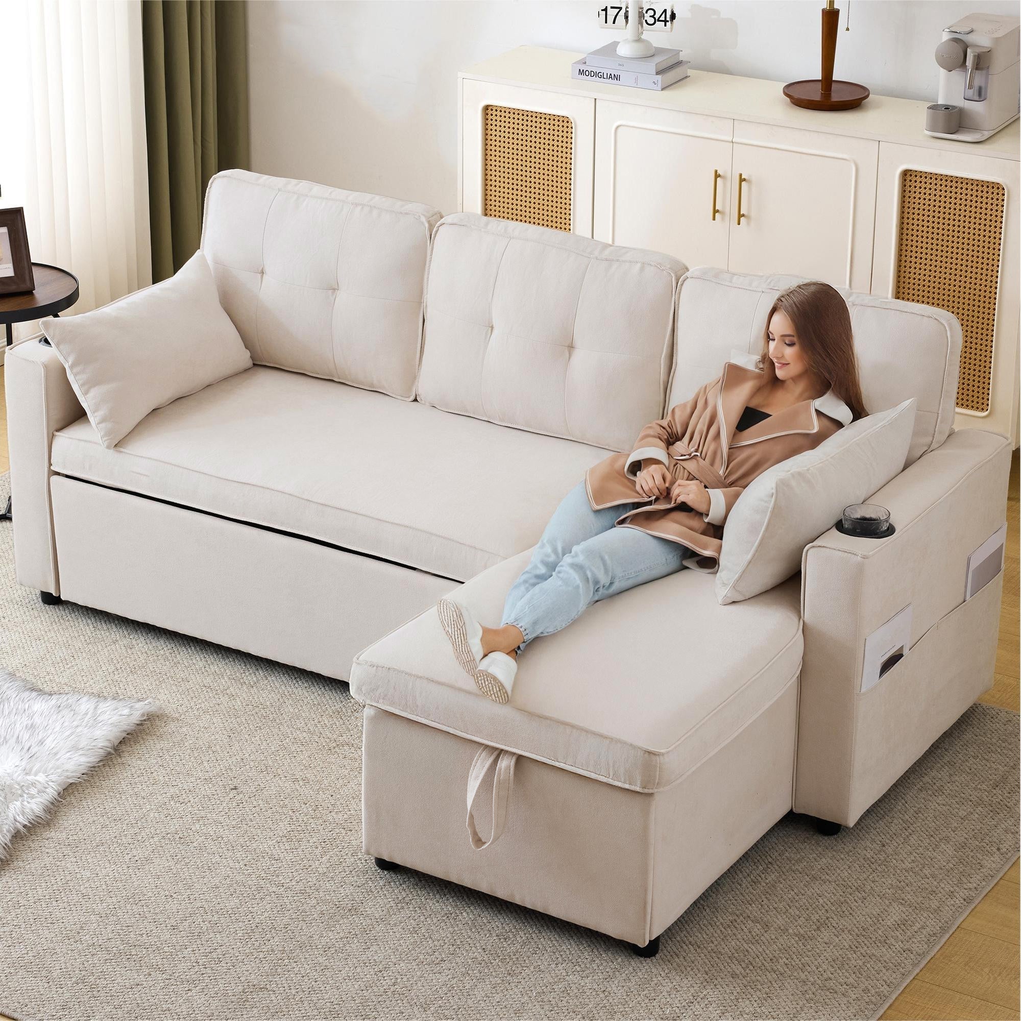 Sofa Bed L-Shaped Sleeping Function Storage Cup Holder Upholstered