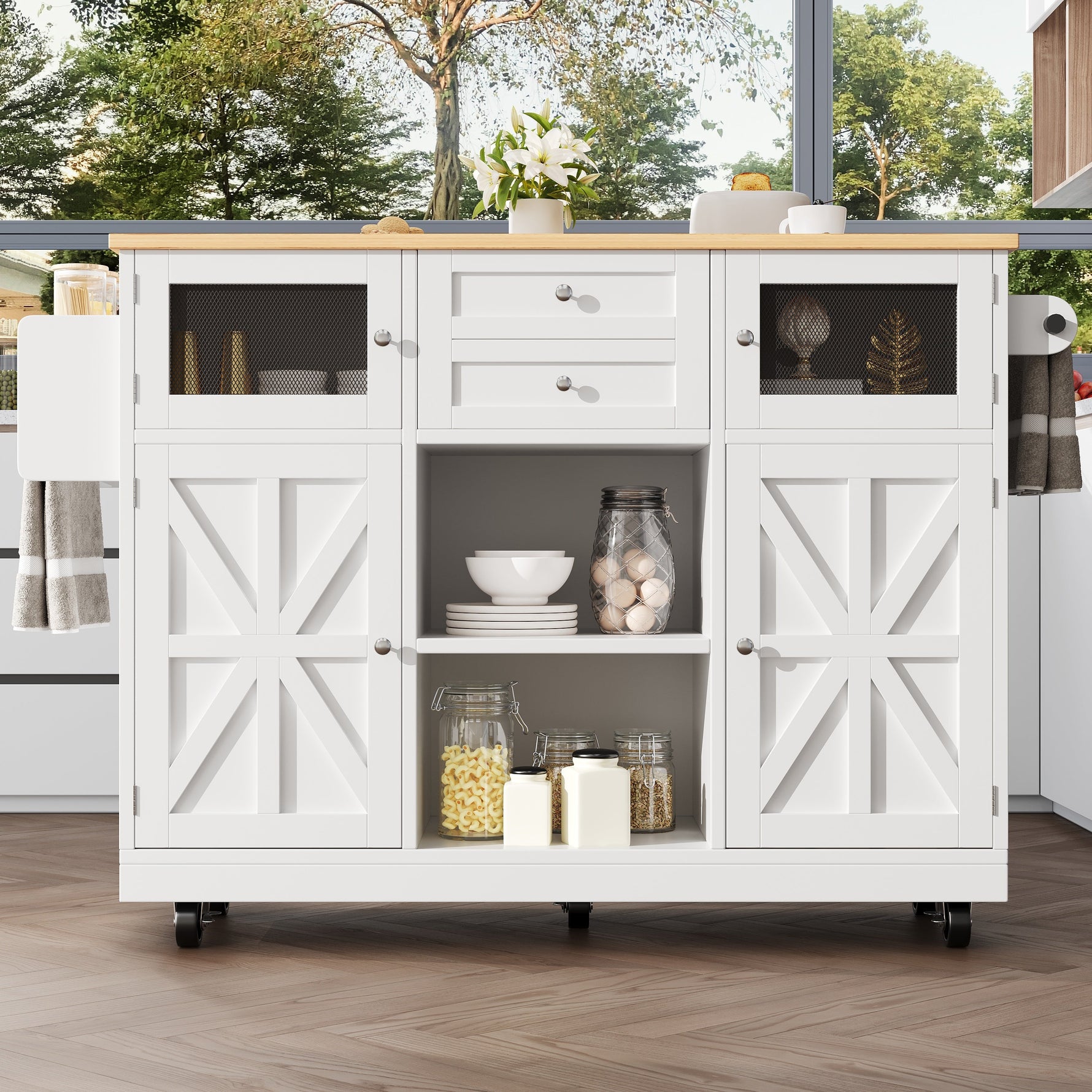 Kitchen Island Dining Trolley Sideboard Worktop Casters Adjustable Storage White