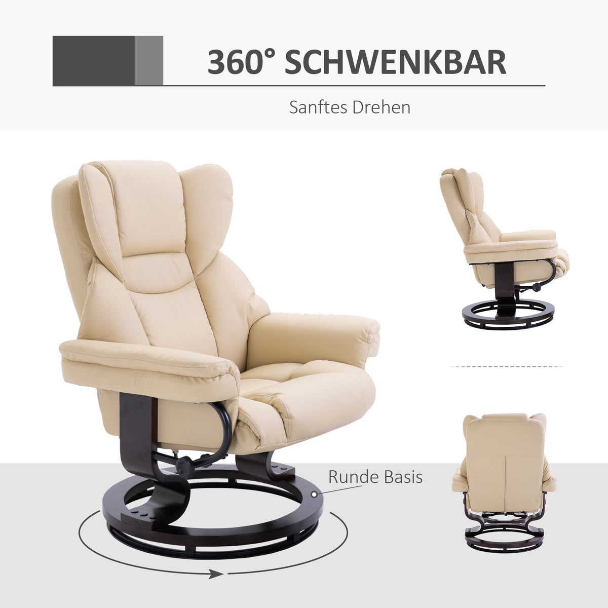 Recliner Chair with Footstool, Swivel Reclining TV Chair, Faux Leather Cream