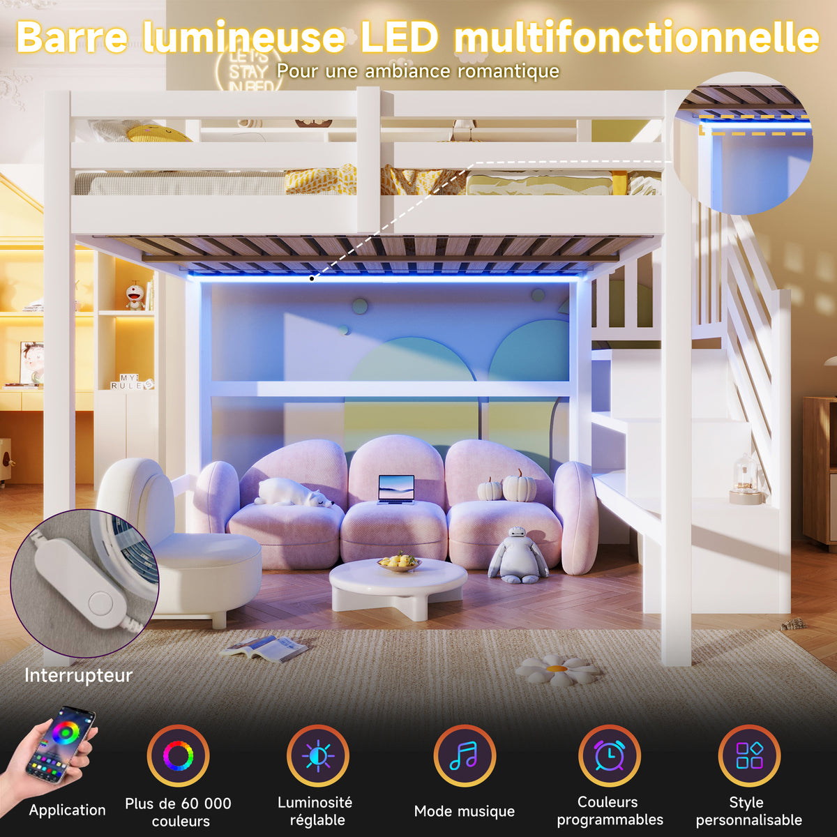 Loft Bed 140x200cm with LED Lights & Storage Ladder, White