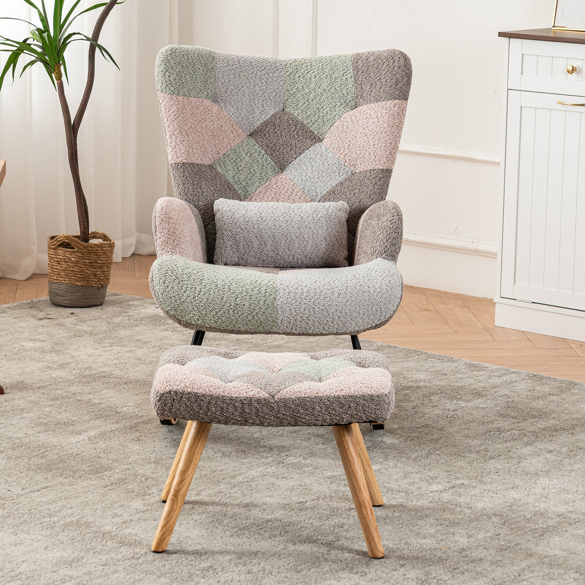 Rocking Chair with Footrest & Lumbar Cushion, Sturdy Rubberwood, Multicolored