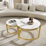Modular Coffee Table Set, Round Golden Metal Frame, Marble Look