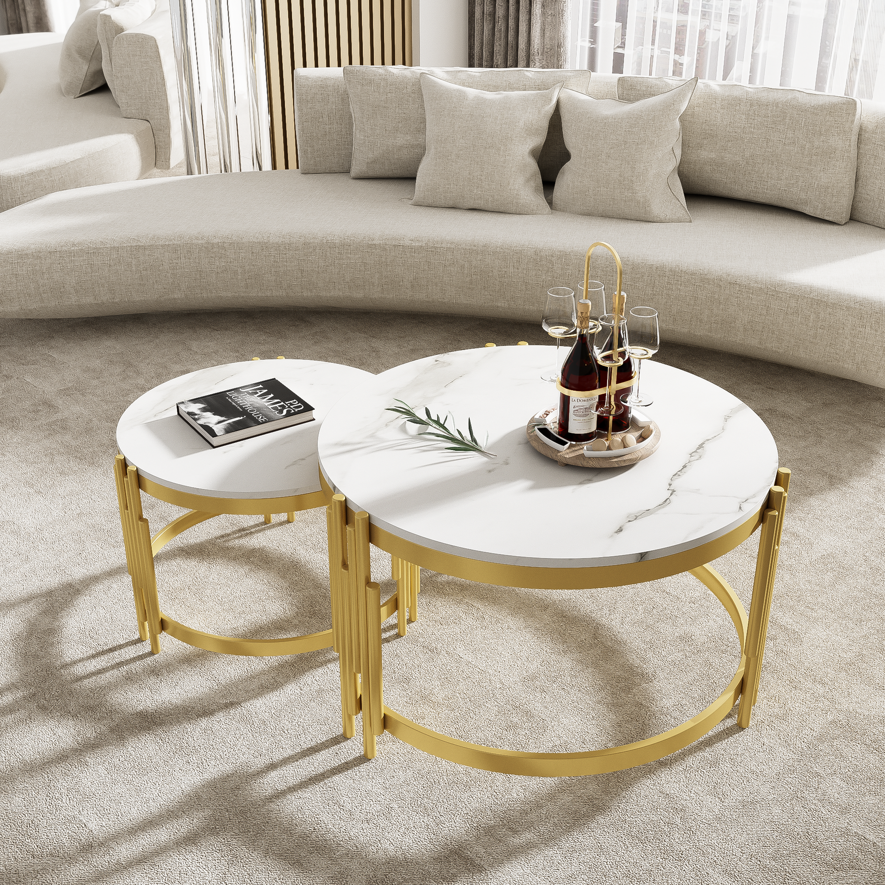 Modular Coffee Table Set, Round Golden Metal Frame, Marble Look