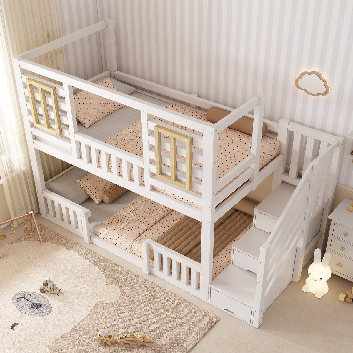 Bunk Bed with Cabin Style Windows and Staircase Cupboard, 90x200cm, White Wood
