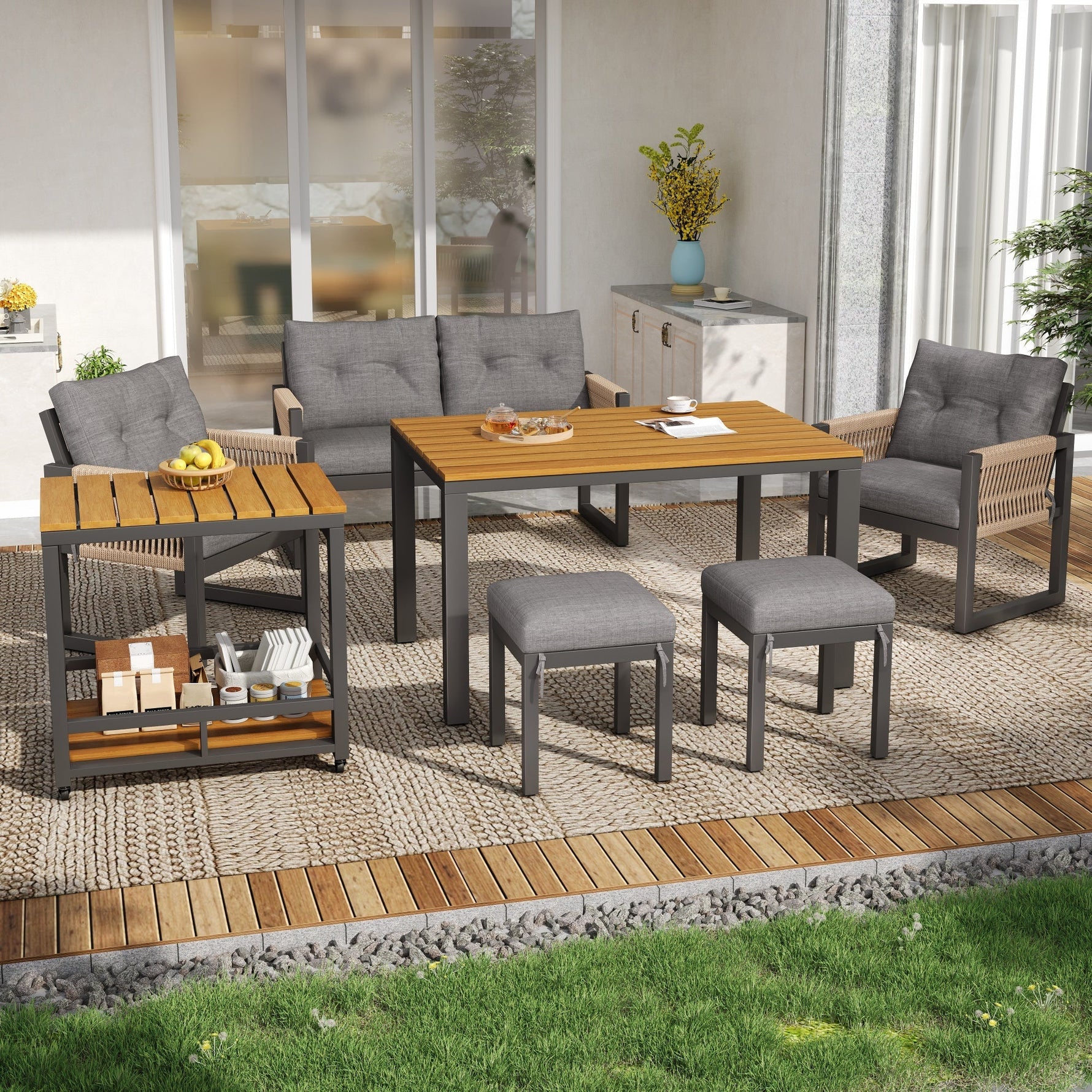 Outdoor Sofa Set with Woven Armrests, Cushions and Multifunctional Table, Iron Frame