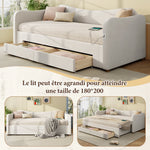 Upholstered Daybed with 2 Drawers, USB Port, 90x200cm Extendable to 180cm, Beige Velvet