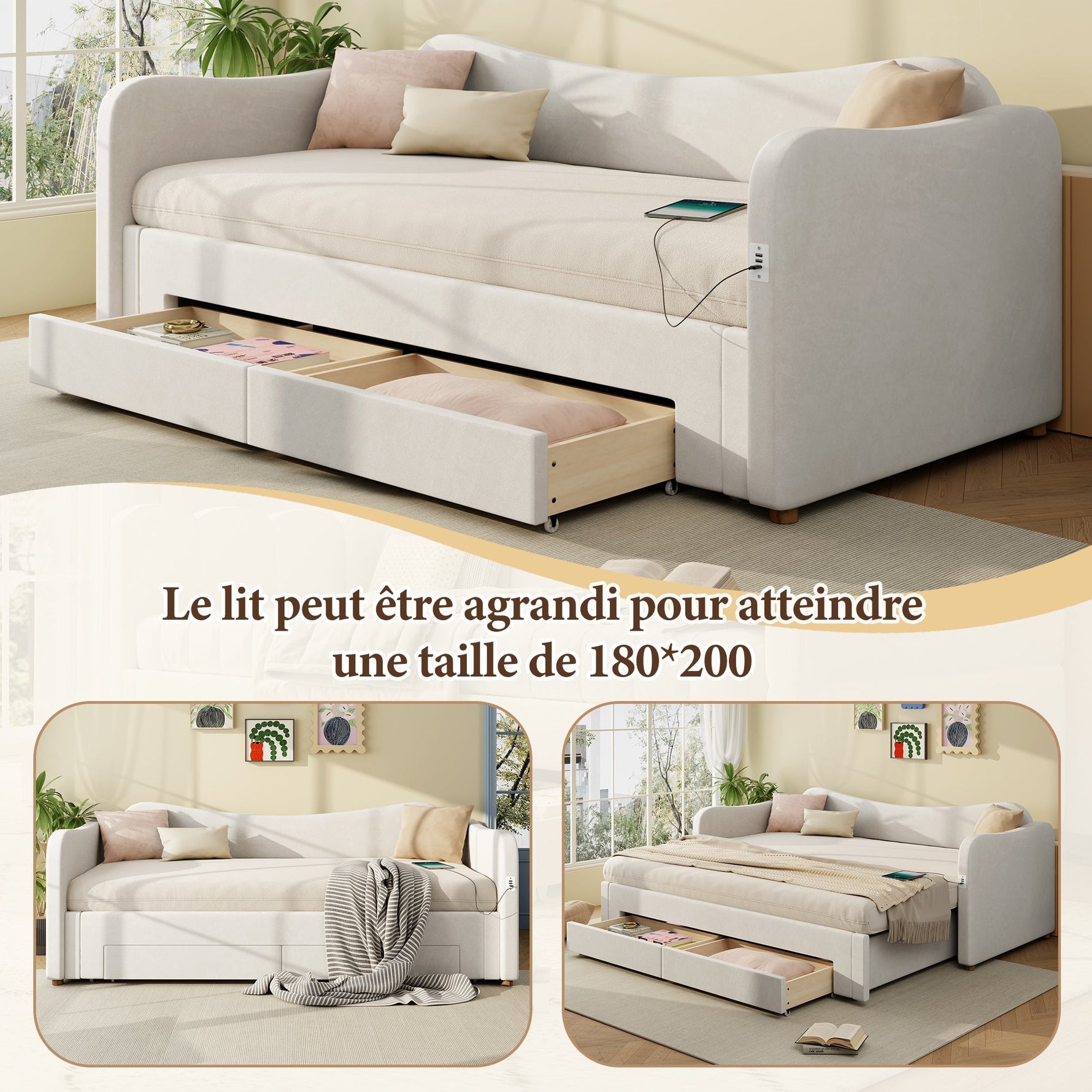 Upholstered Daybed with 2 Drawers, USB Port, 90x200cm Extendable to 180cm, Beige Velvet