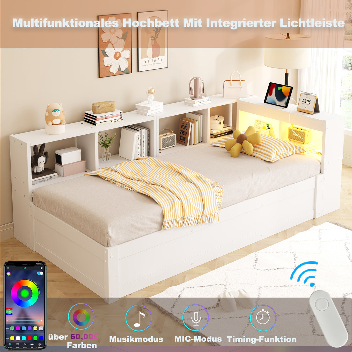 Sofa Bed 90x200 cm with Hydraulic Storage & LED - White