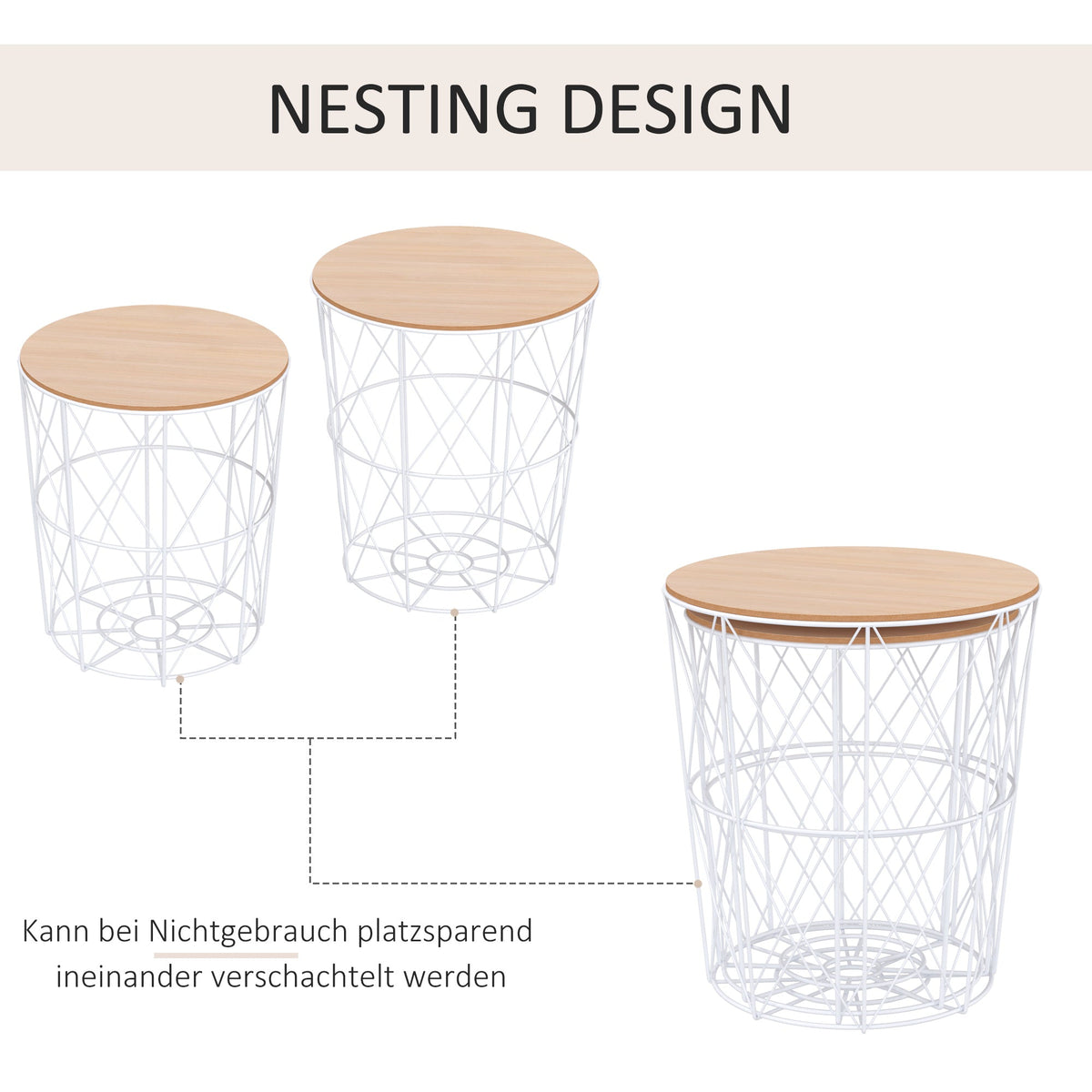 Coffee Tables, Set of 2, Side Table, MDF Metal, Natural White