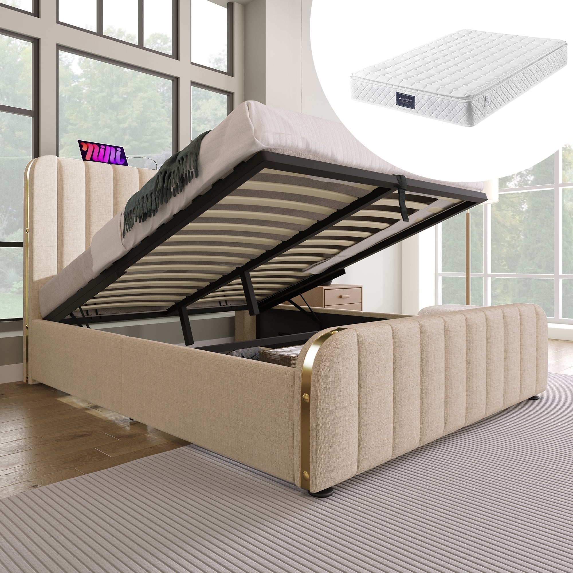 Upholstered Bed, Double Headboard with USB Type-C, Hydraulic Storage, 140x200 cm, Beige Linen