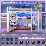 Loft Bed with Storage, LED Light and Clothes Rail, 140 x 200 cm, White Iron Frame