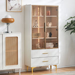 Glass Display Cabinet, 2-Door LED Lighted Tall Storage with Movable Shelves, Golden Legs