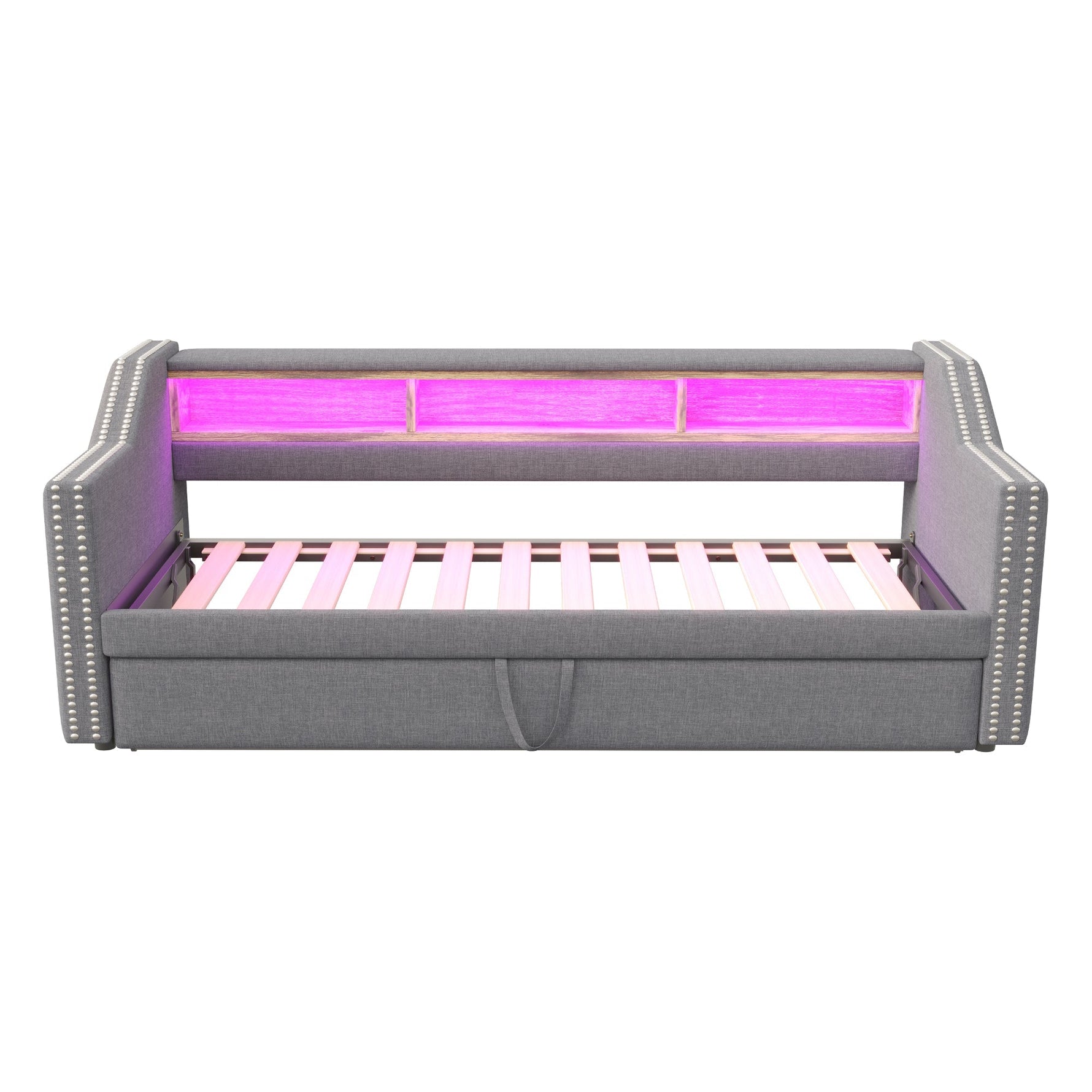 Upholstered Bed Pull-out Sofa Bed 90/180 x 190 cm with Storage, LED, USB, Slatted Frame, Light Grey