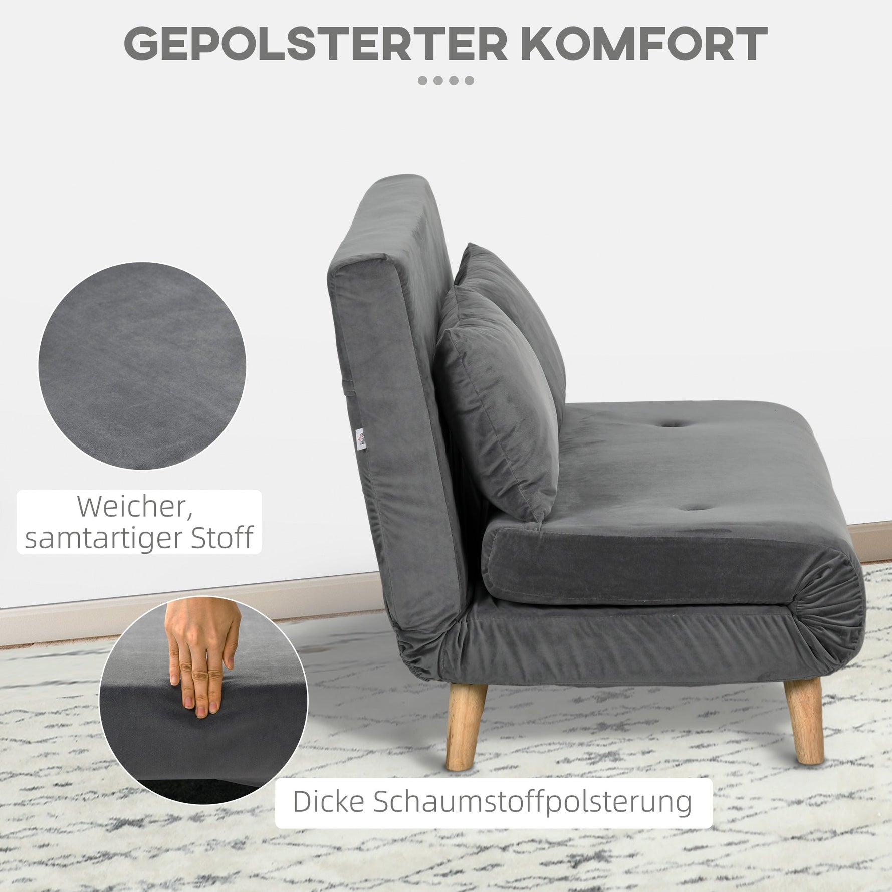 Sofa Bed 2-Seater Foldable Adjustable Backrest, Grey Velvet