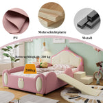 Crown Cartoon Bed Upholstered Children's Slide Stairs LED 90x200cm PU Pink + Beige