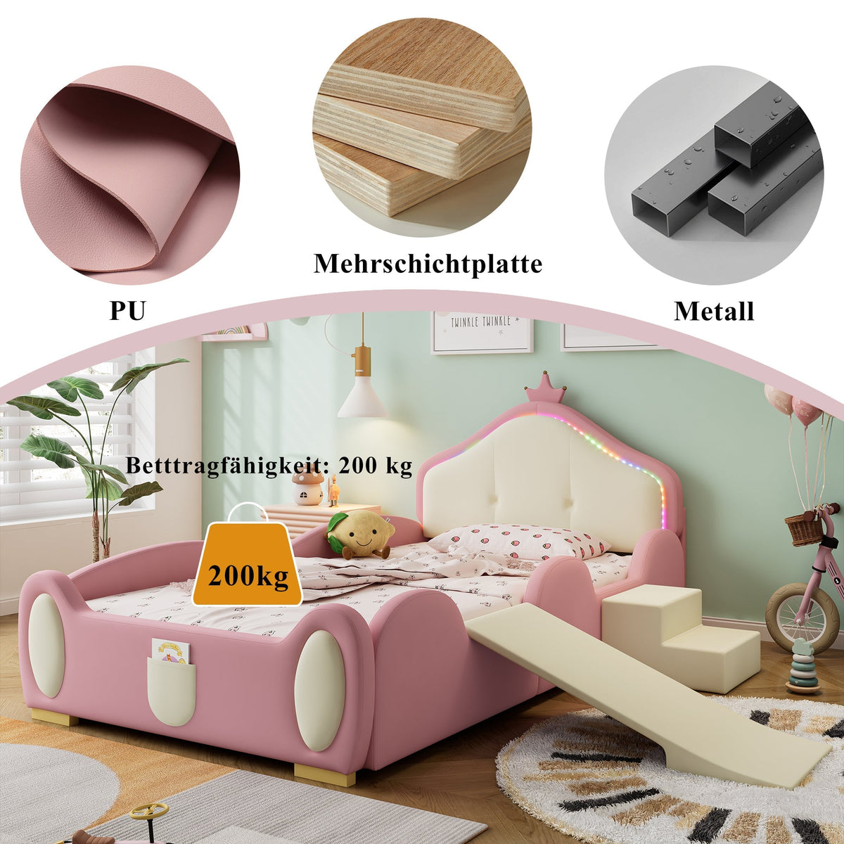 Crown Cartoon Bed Upholstered Children's Slide Stairs LED 90x200cm PU Pink + Beige