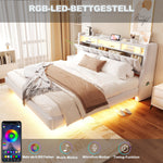 Upholstered Bed 180 x 200 cm with Storage Headboard, Charging Station and LED Lighting, Beige Velvet Fabric