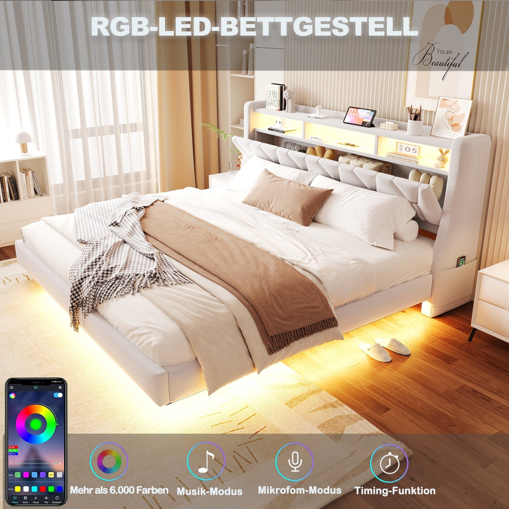 Upholstered Bed 180 x 200 cm with Storage Headboard, Charging Station and LED Lighting, Beige Velvet Fabric