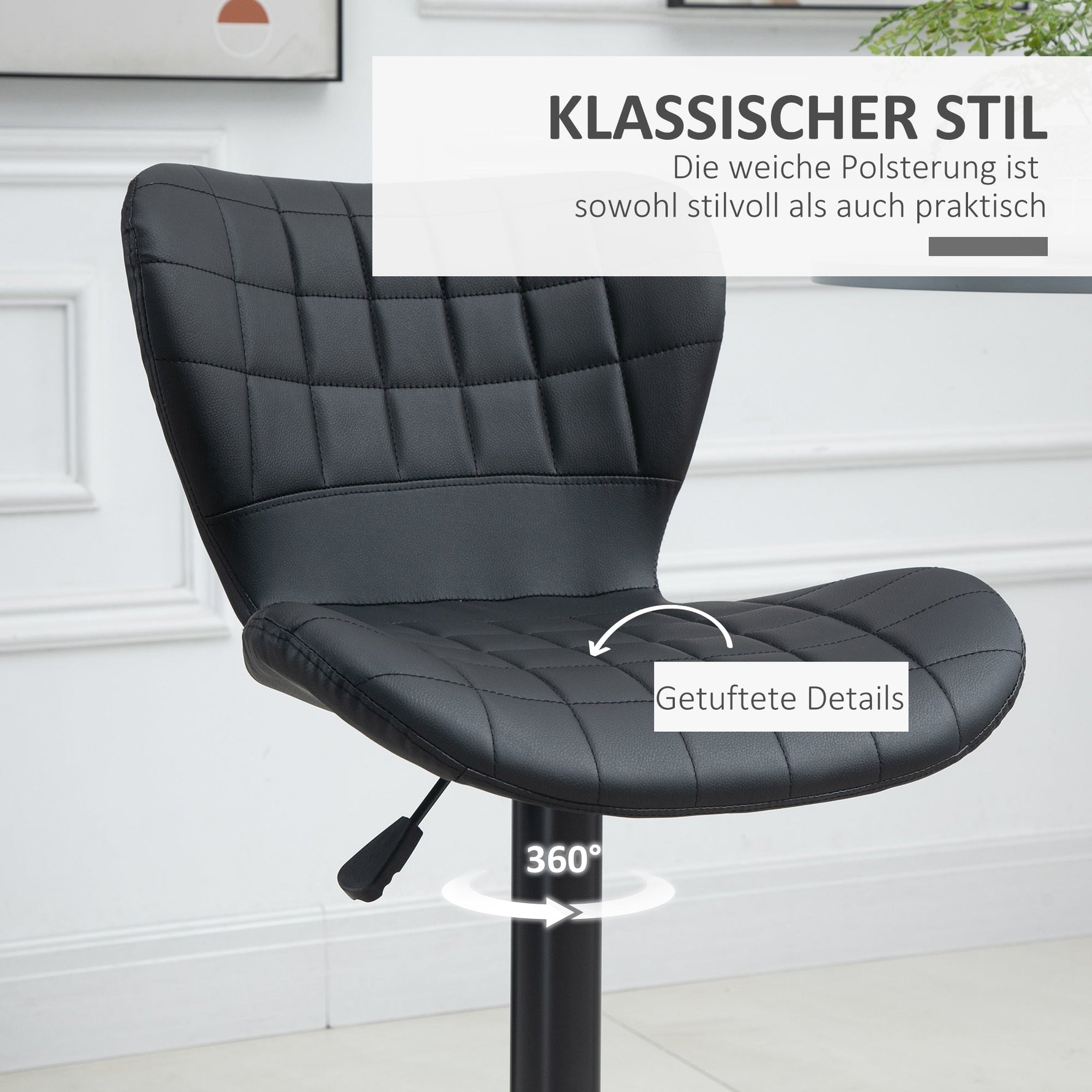 Bar Stool Set of 2, Retro Design 360° Swivel Height Adjustable, Black Leather