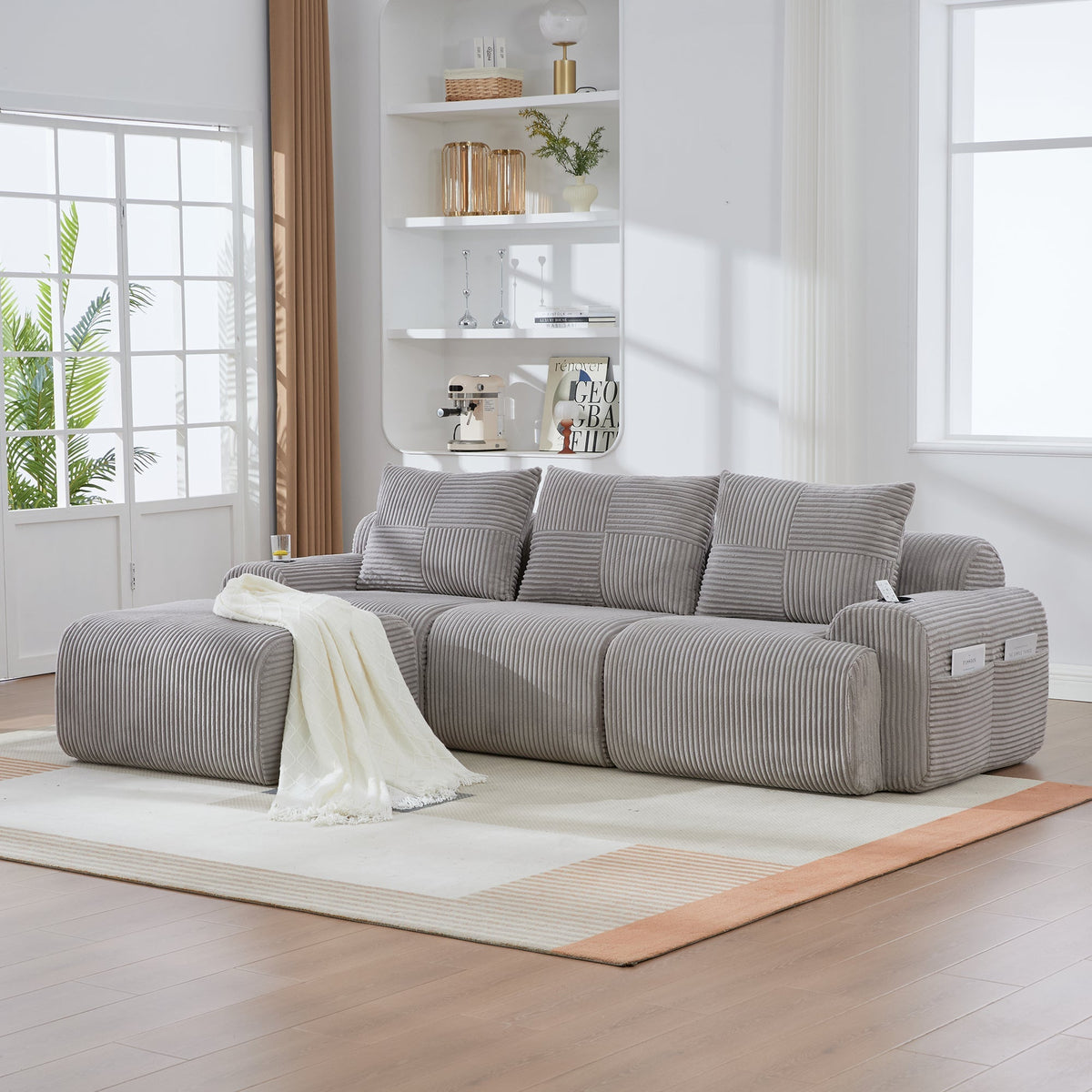 3-Seater Modular Corduroy Sofa with Ottomans, Cup Holders and Storage, Light Grey