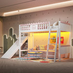 Bunk Bed 90x200cm with Slide, LED Lights, Shelves, EN747 Certified White Pine Wood