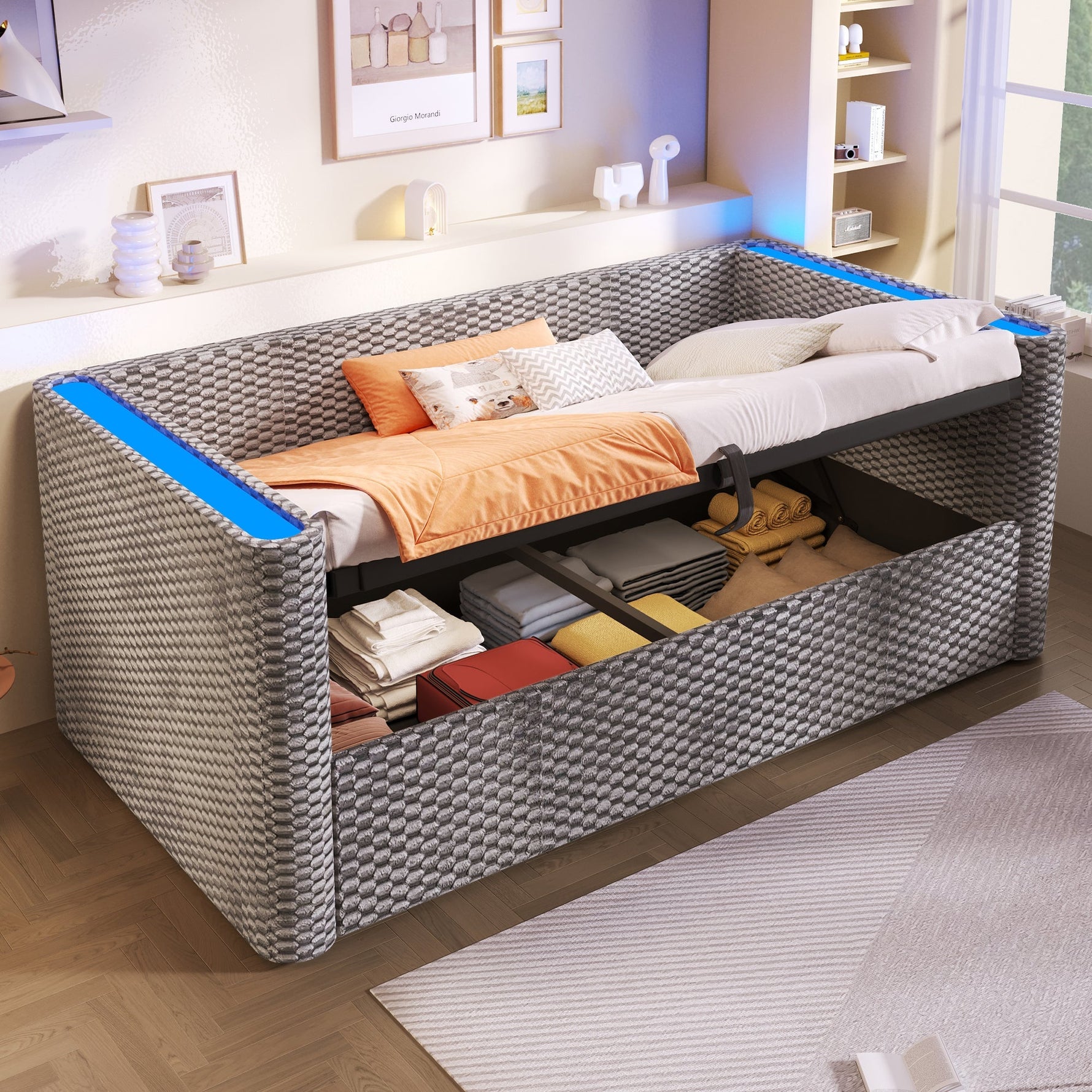Daybed Sofa Bed 90x200cm LED Light Hydraulic Storage Velvet Grey
