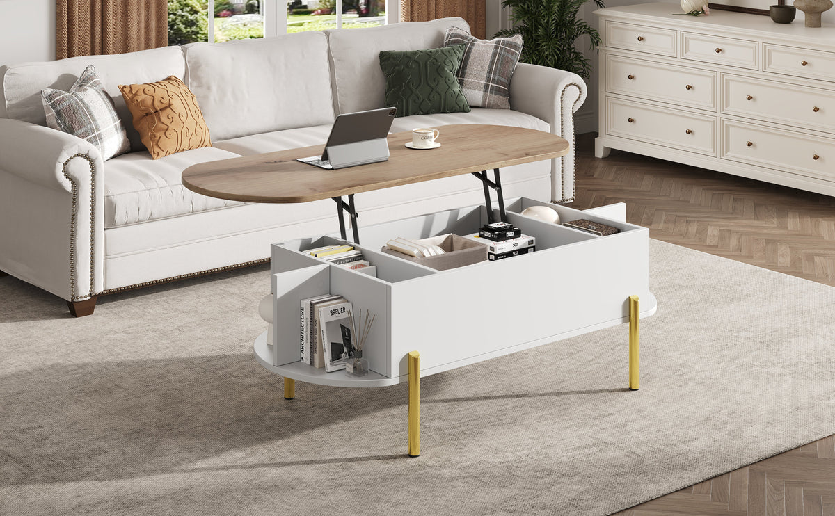 Coffee Table 120x50x43cm Height-Adjustable Hidden Storage 7 Shelves Wood/White
