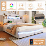 Upholstered Bed 160x200cm Hydraulic Storage Headboard with USB-C & LED Lights Beige