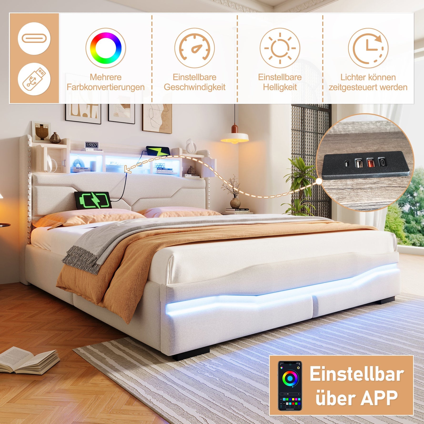 Upholstered Bed 160x200cm Hydraulic Storage Headboard with USB-C & LED Lights Beige