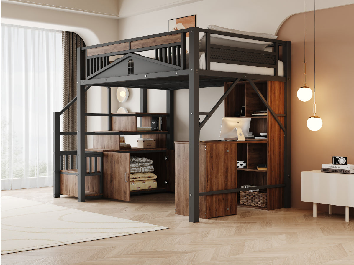 Metal Loft Bed 140x200cm Safety Enclosure with Window Ladder Locker Black
