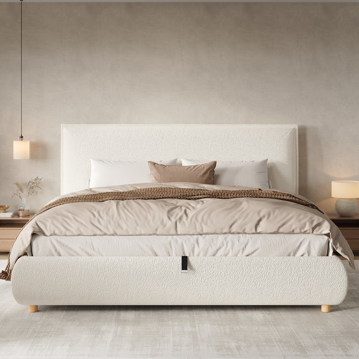 Upholstered Double Bed 180x200cm Hydraulic Storage White Bouclé