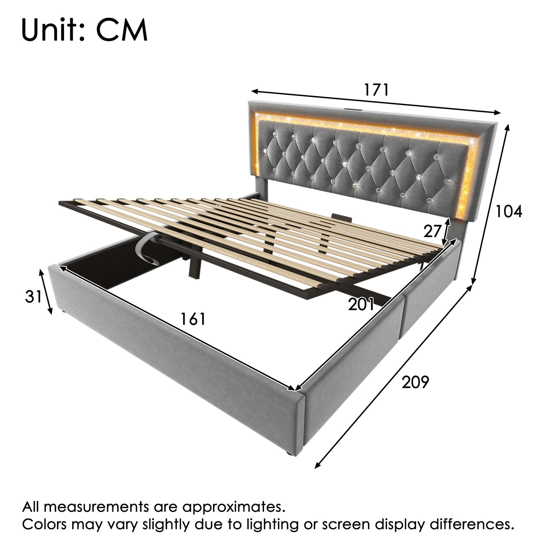 Upholstered Bed 160x200 cm with LED, USB Charging and Hydraulic Storage (with Mattress), Grey Velvet