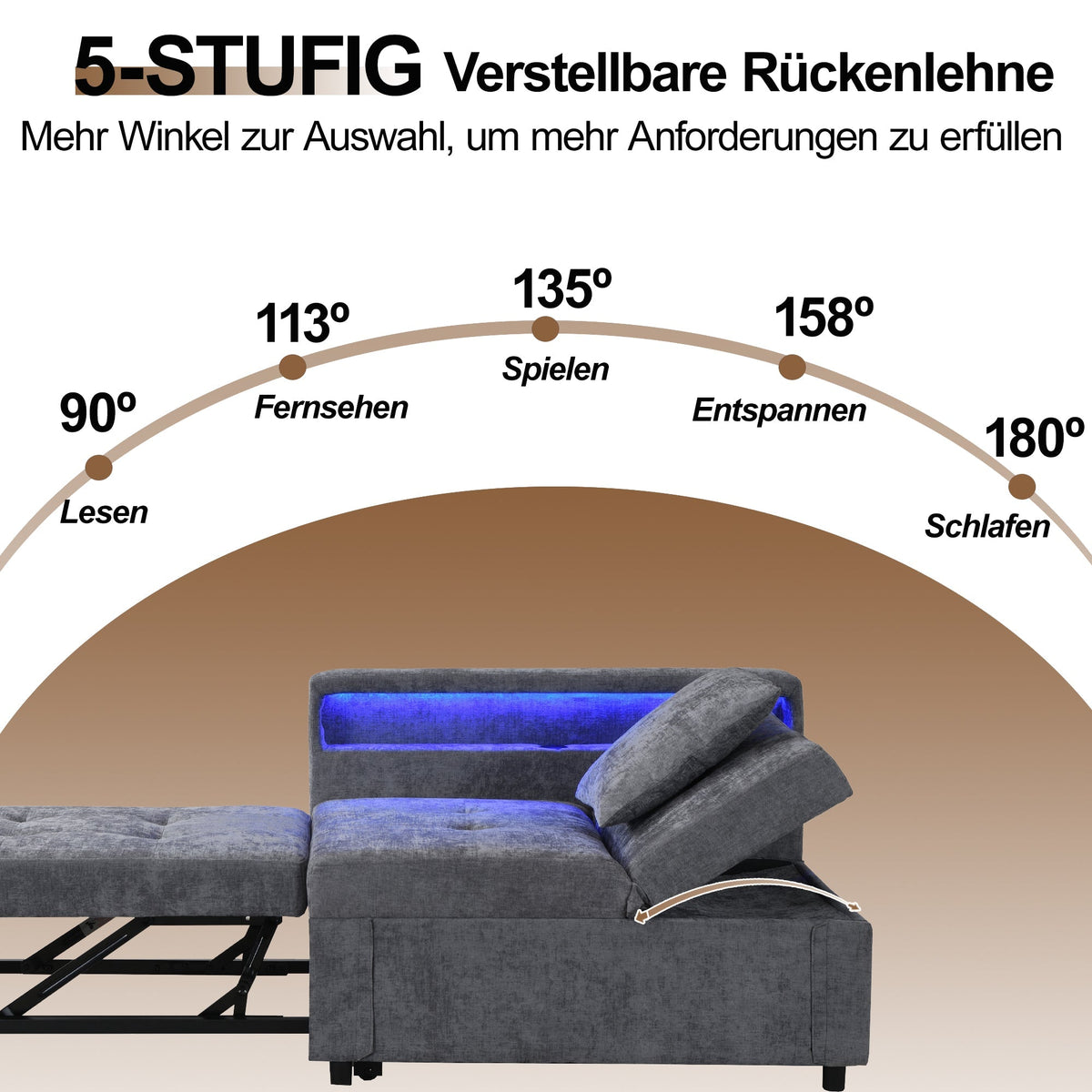 Upholstered Sleeper Sofa 3-in-1 Multifunctional Adjustable LED USB Ports Linen Fabric
