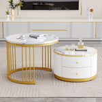 Elegant Nesting Coffee Table Set with Drawers, White Marble Look