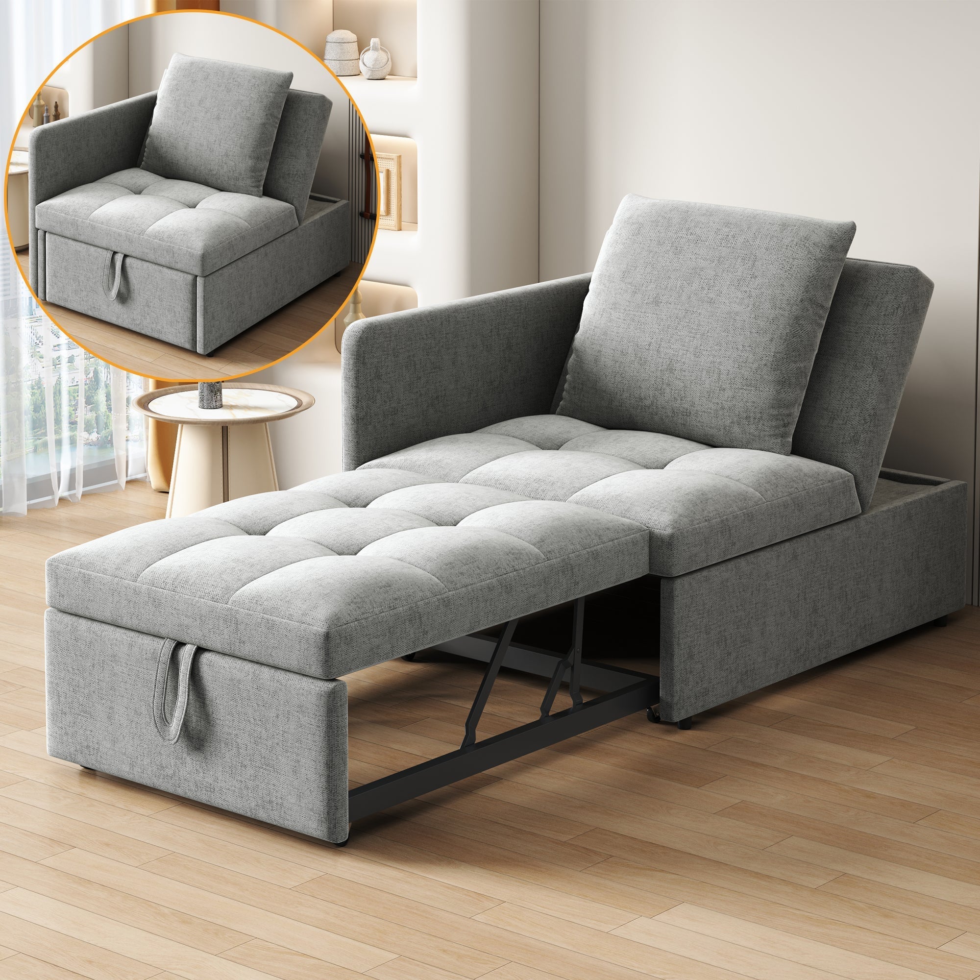 Upholstered Sofa Bed 3-in-1 Multifunctional Adjustable Backrest, Linen Fabric